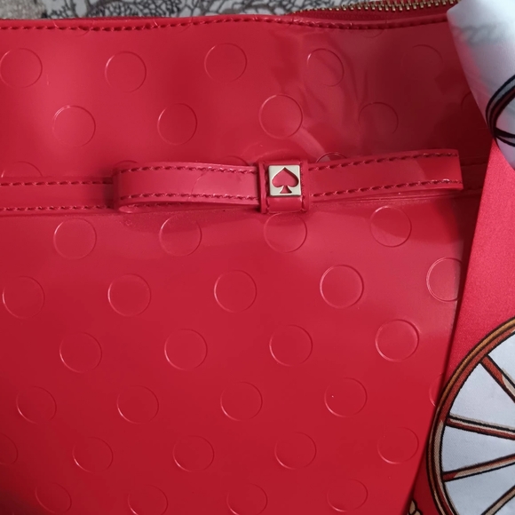 Large Kate Spade Red Patent Leather Textured Tote with Twilly - Picture 3 of 10